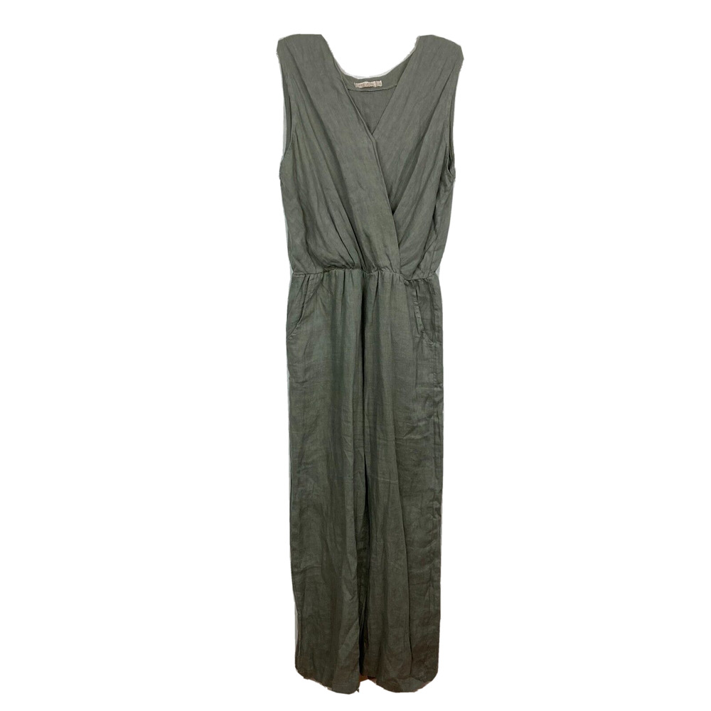 Anna Melani Italy Jumpsuit Sz S Gray Wrap Front Sleeveless Linen V-neck Pockets